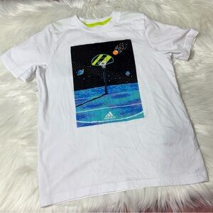 Adidas Youth Boy Size 6 White Short Sleeve Shirt with Cosmic Basketball Design